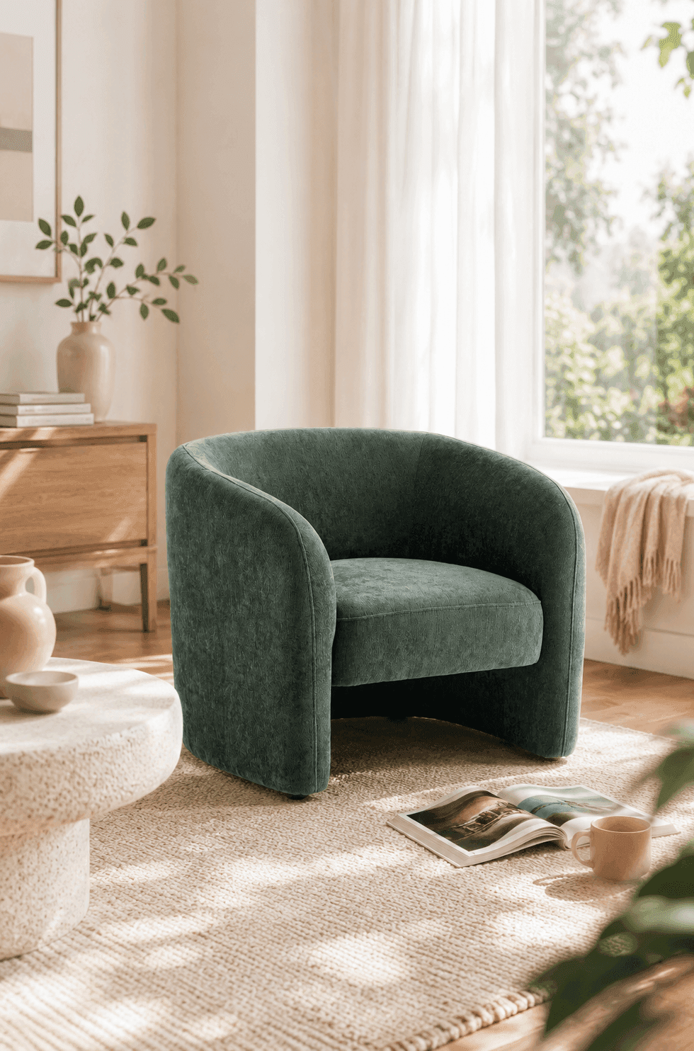 Fauteuil vert chenille pour coin lecture