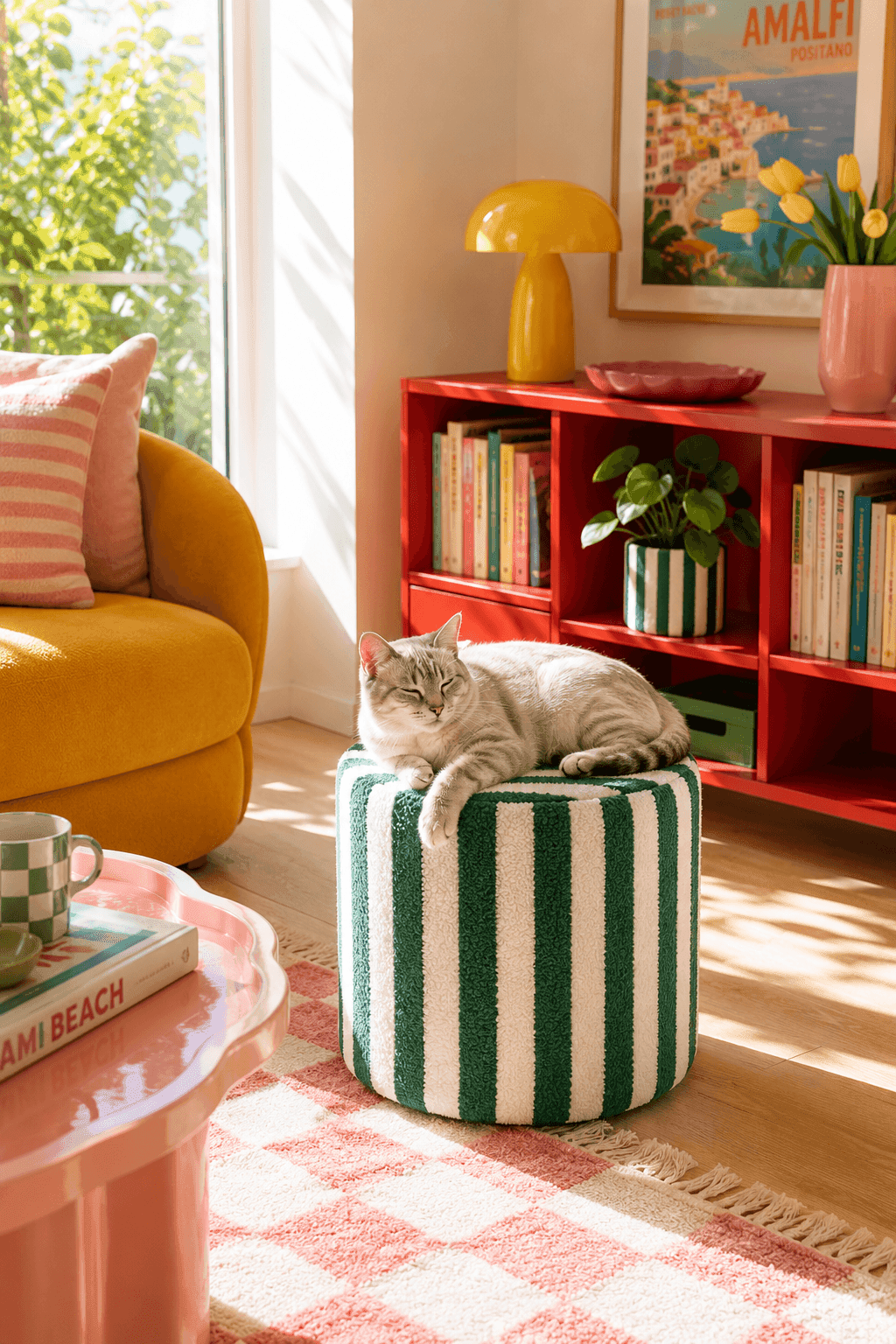 Pouf rayé vert et blanc Arlequin
