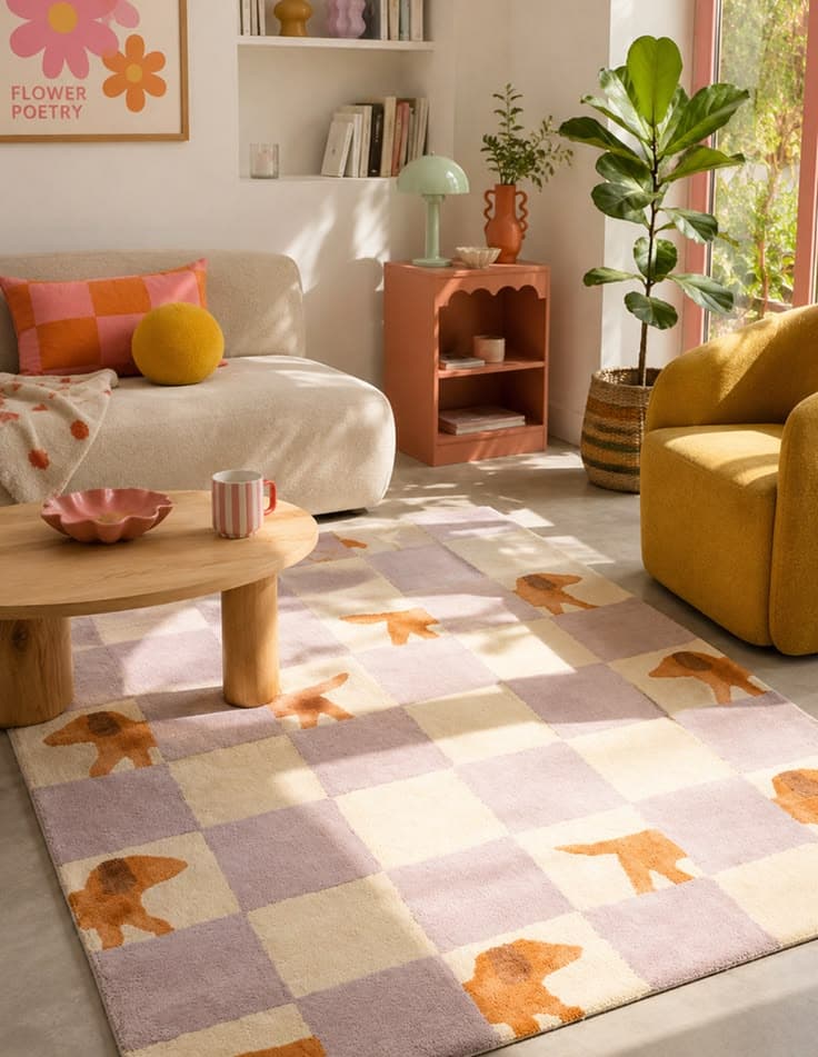 Tapis damier Walter rose et crème