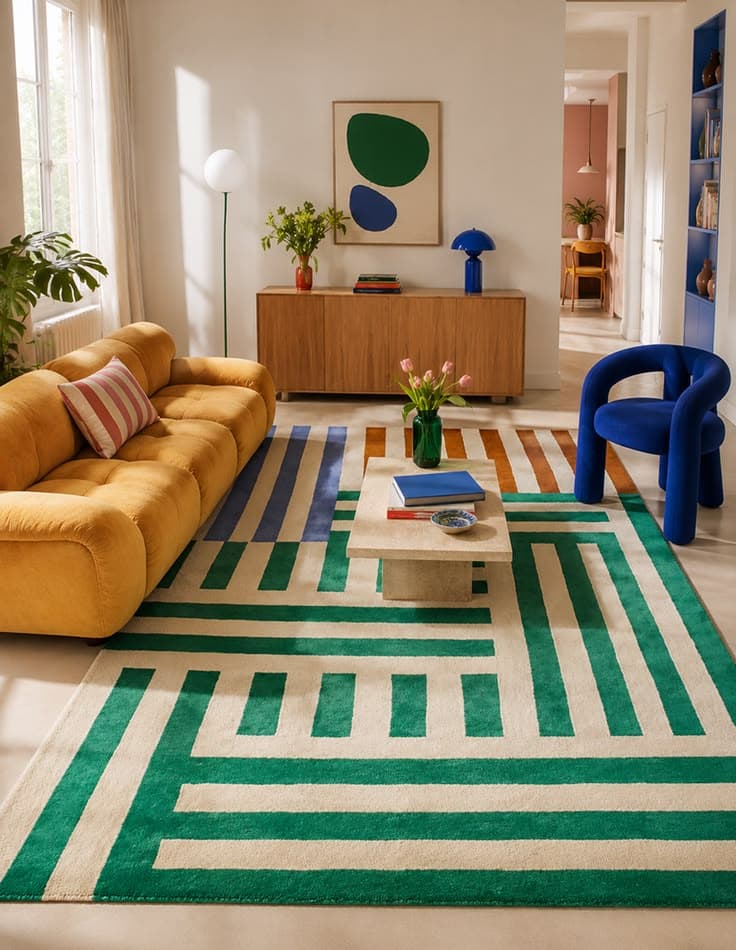 Tapis graphique vert pour salon coloré
