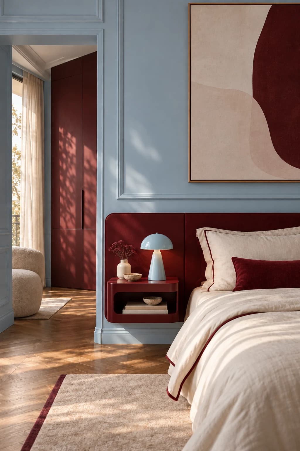 Chambre bleu pâle et bordeaux avec chevet mural et lampe Rachel bleu poudré