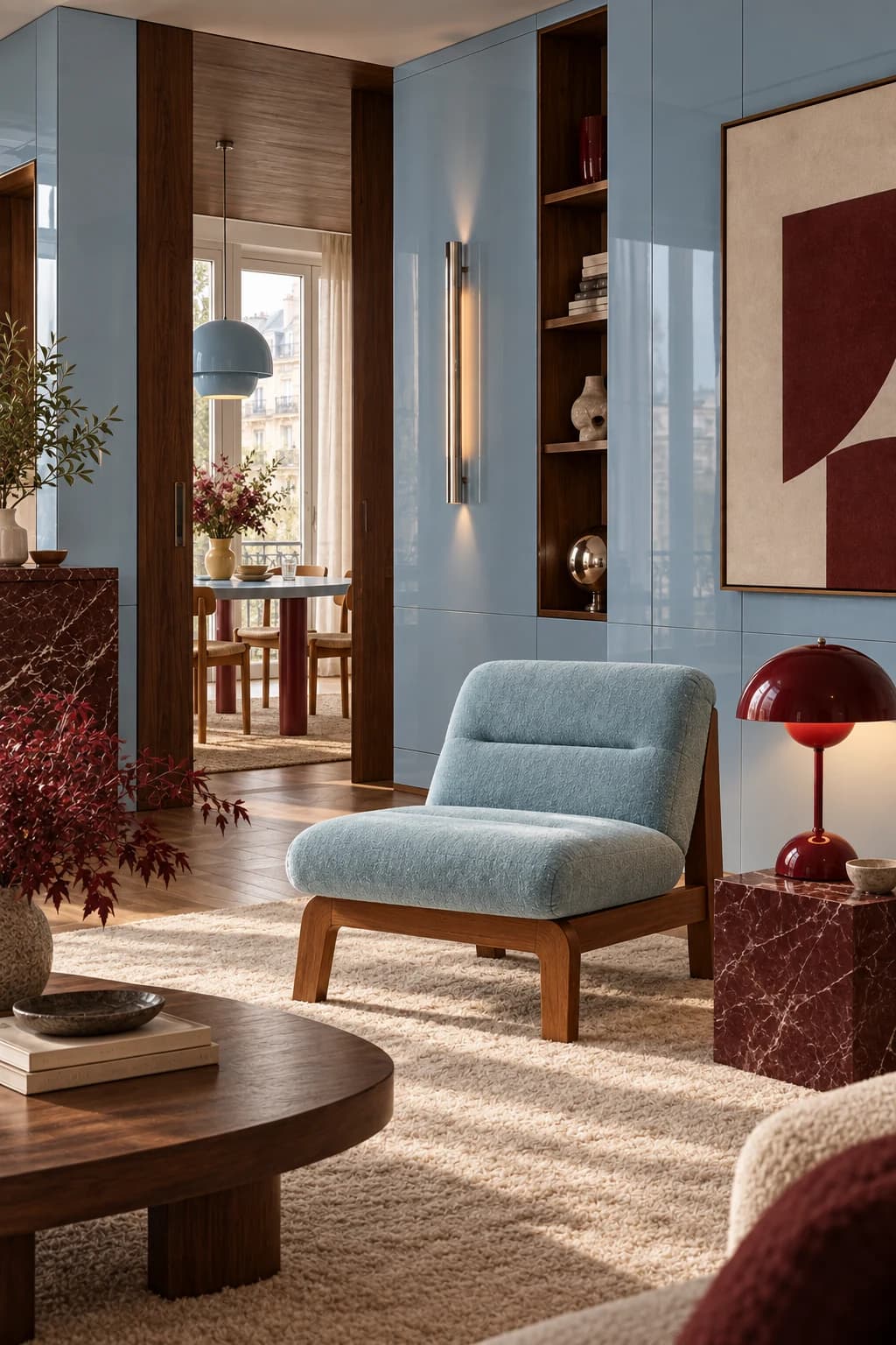 Salon bleu pâle et bordeaux avec fauteuil bleu clair et lampe Arvid bordeaux