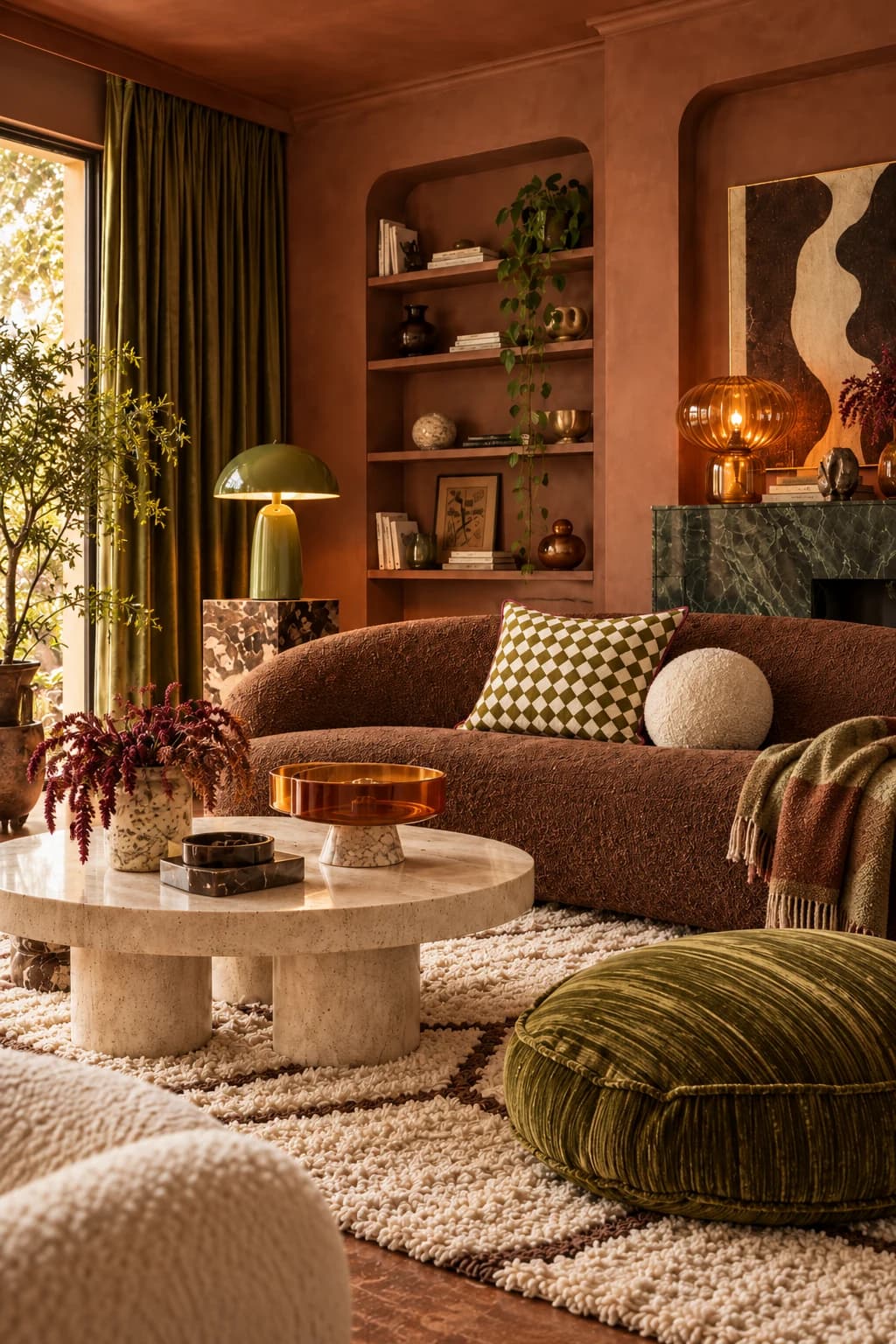 Salon d'automne brun avec lampe vert olive, lampe en verre ambré, coussin damier et coussin de sol en velours