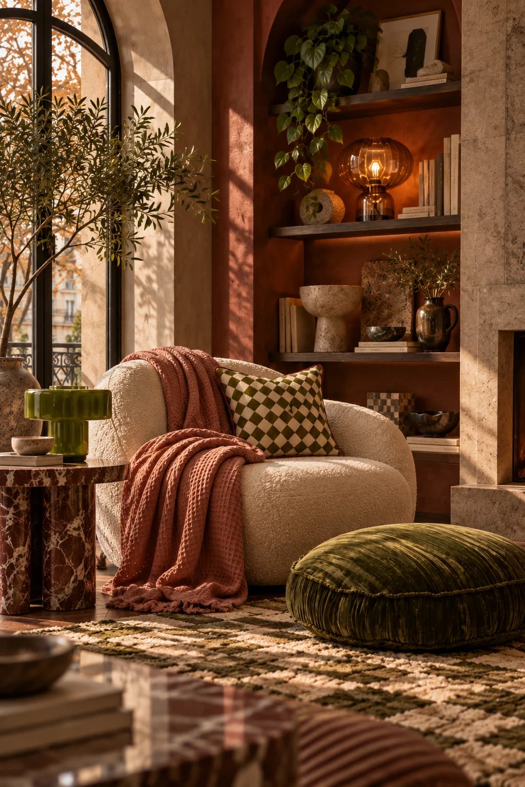 Coin lecture automnal avec fauteuil bouclette, lampe Foza, lampe Martin, coussin Leiho et coussin de sol Susana