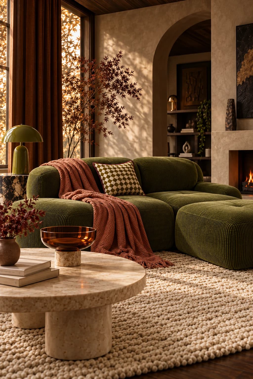 Salon d'automne avec canapé vert côtelé, lampe Merro, coussin damier Leiho et coupelle Trapani
