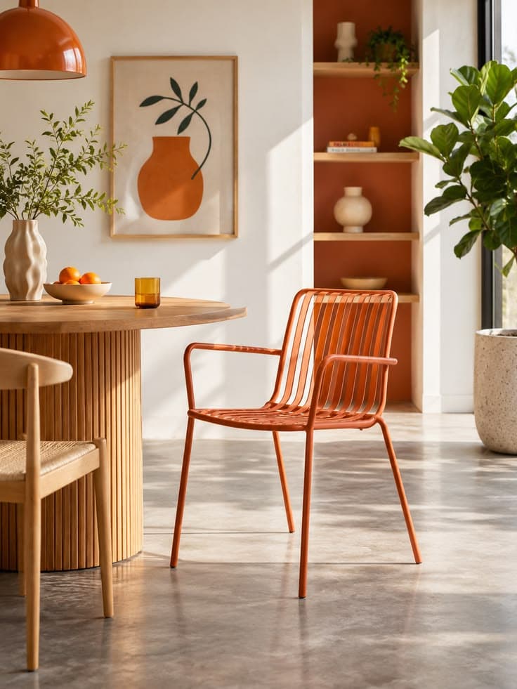 Fauteuil orange en métal pour salle à manger
