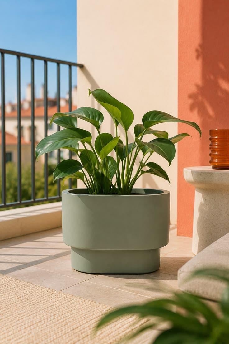 Jardinière vert sauge pour balcon ensoleillé