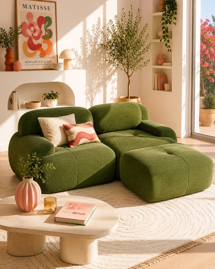 Canapé modulable vert en velours côtelé