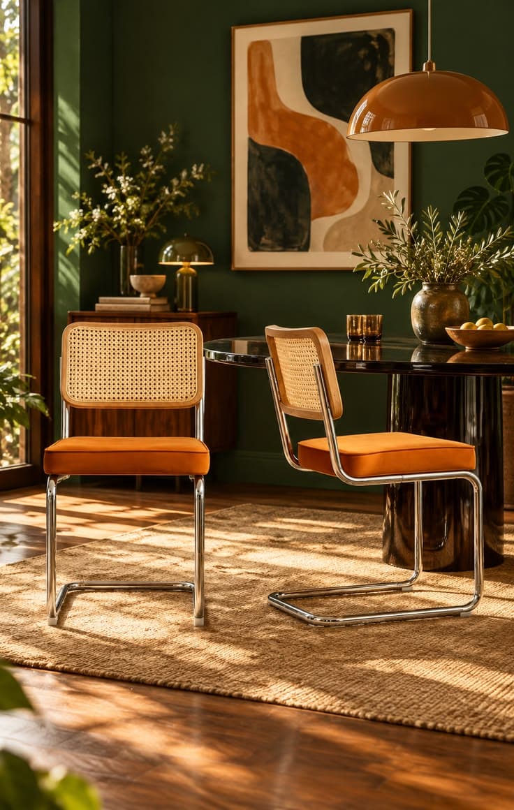Chaises orange velours et cannage