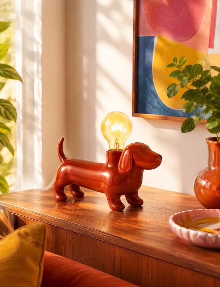 Lampe teckel marron Igor en céramique avec bague dorée