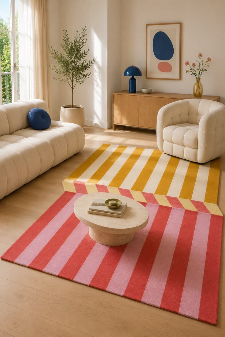 Tapis rayé coloré pour salon lumineux