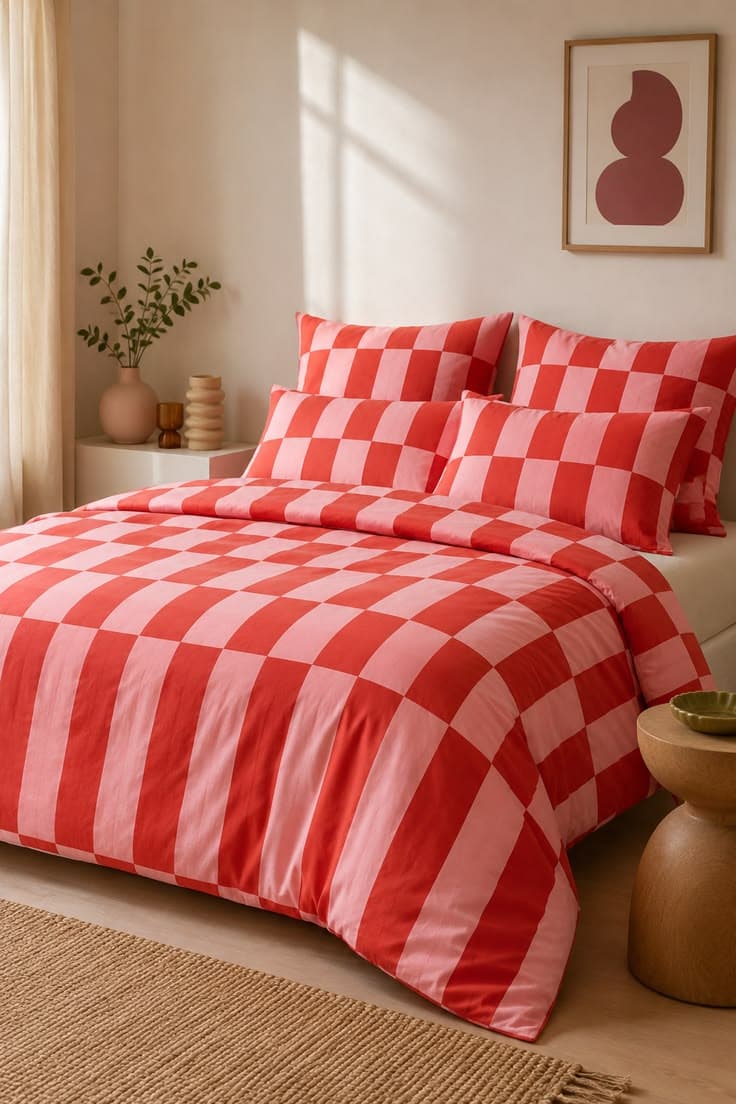 Housse de couette vichy rouge