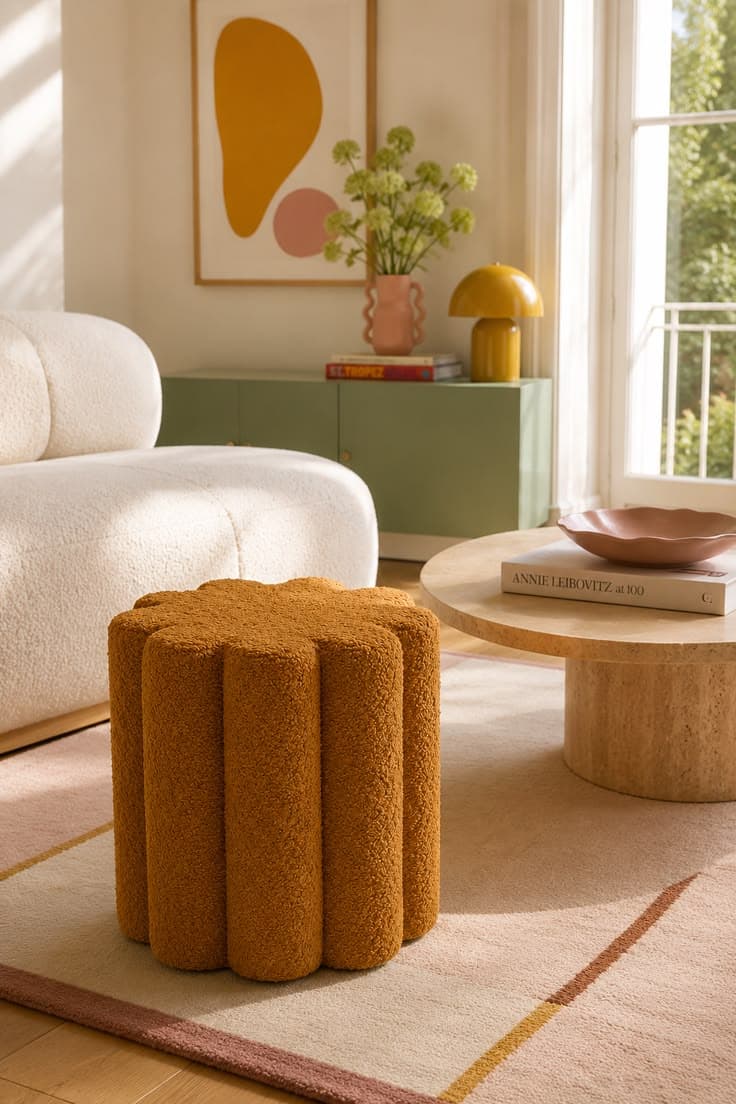 Pouf texturé moutarde pour salon moderne