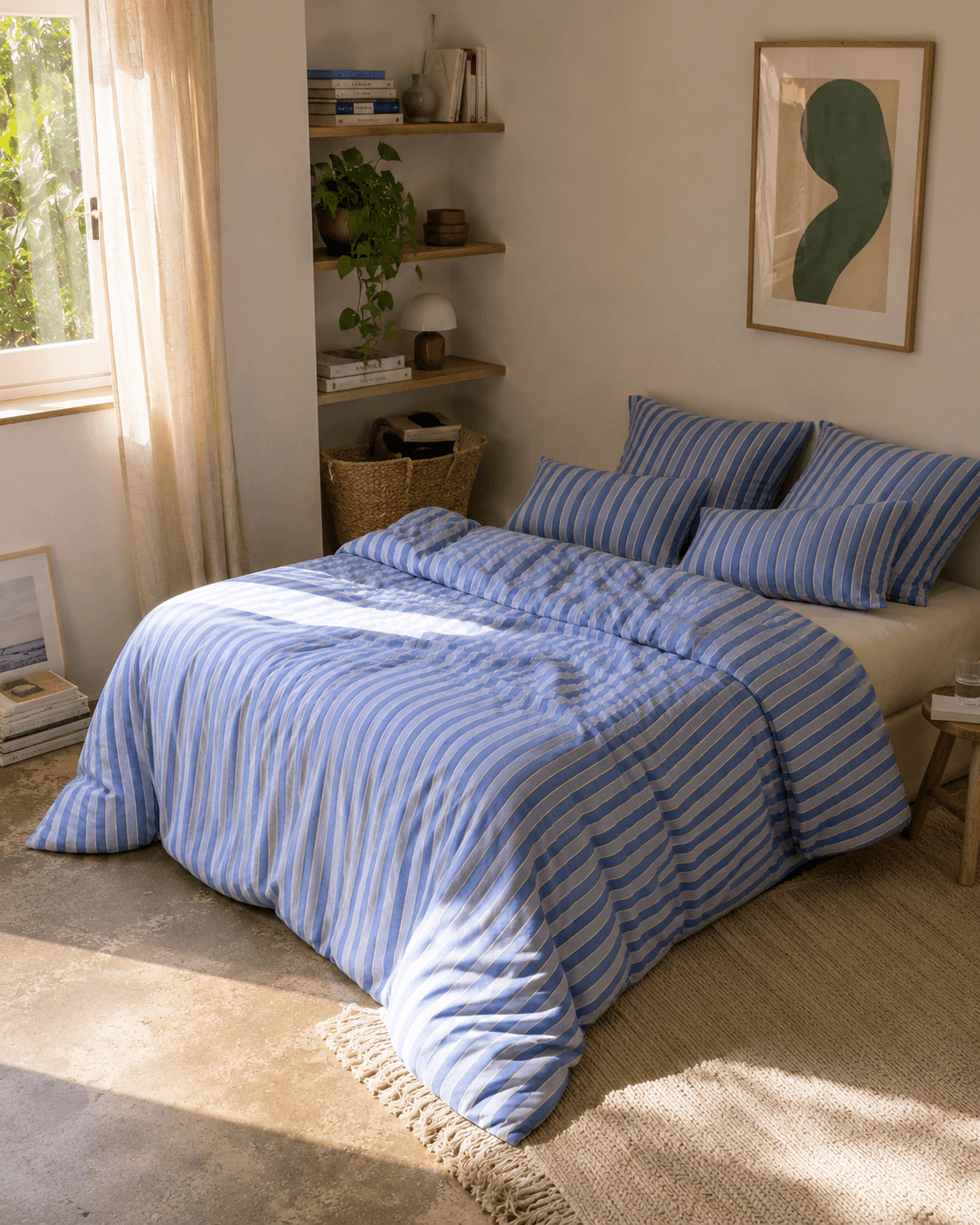 Parure de lit rayée bleu et blanc