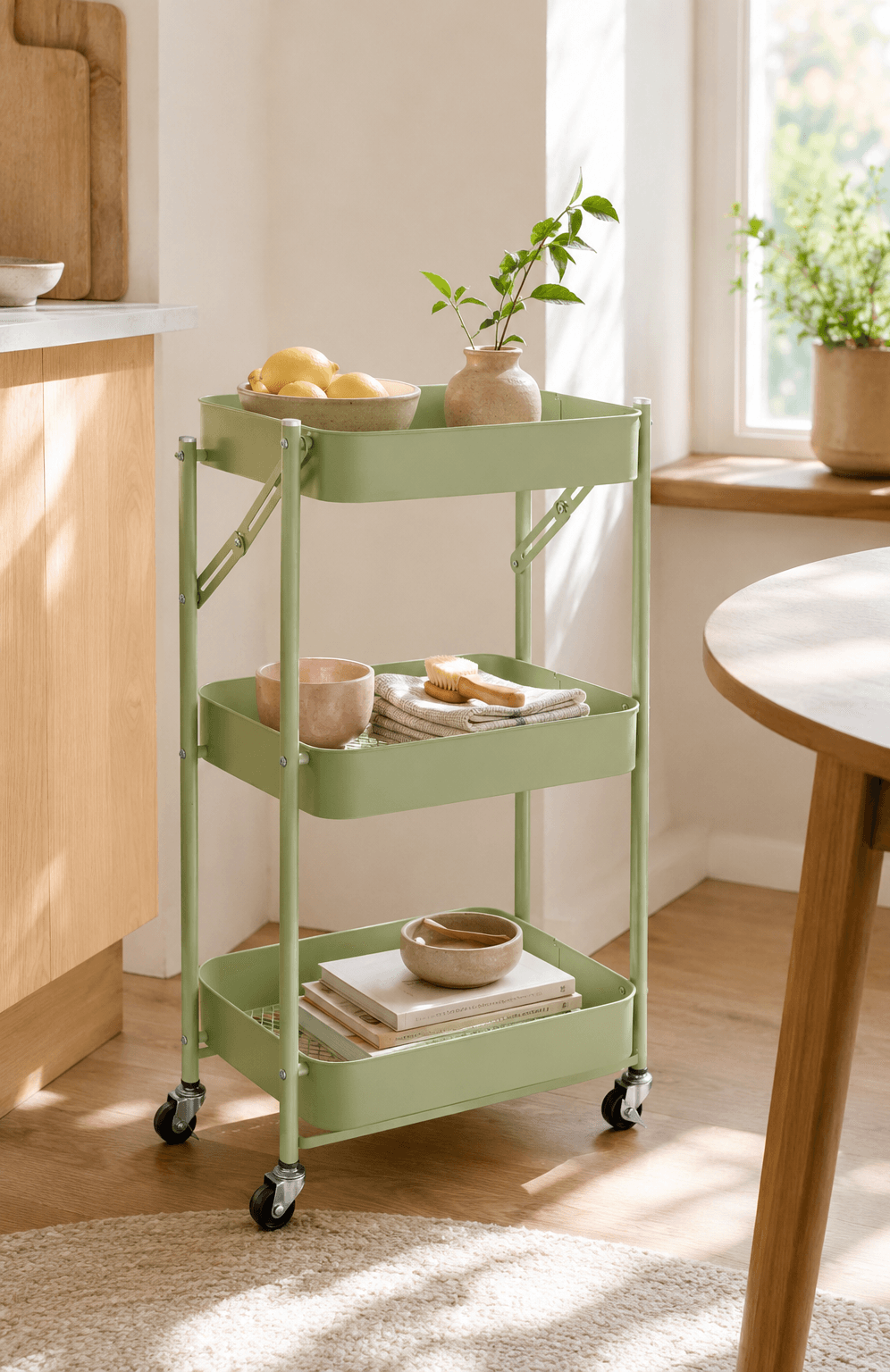 Desserte verte à roulettes pour cuisine
