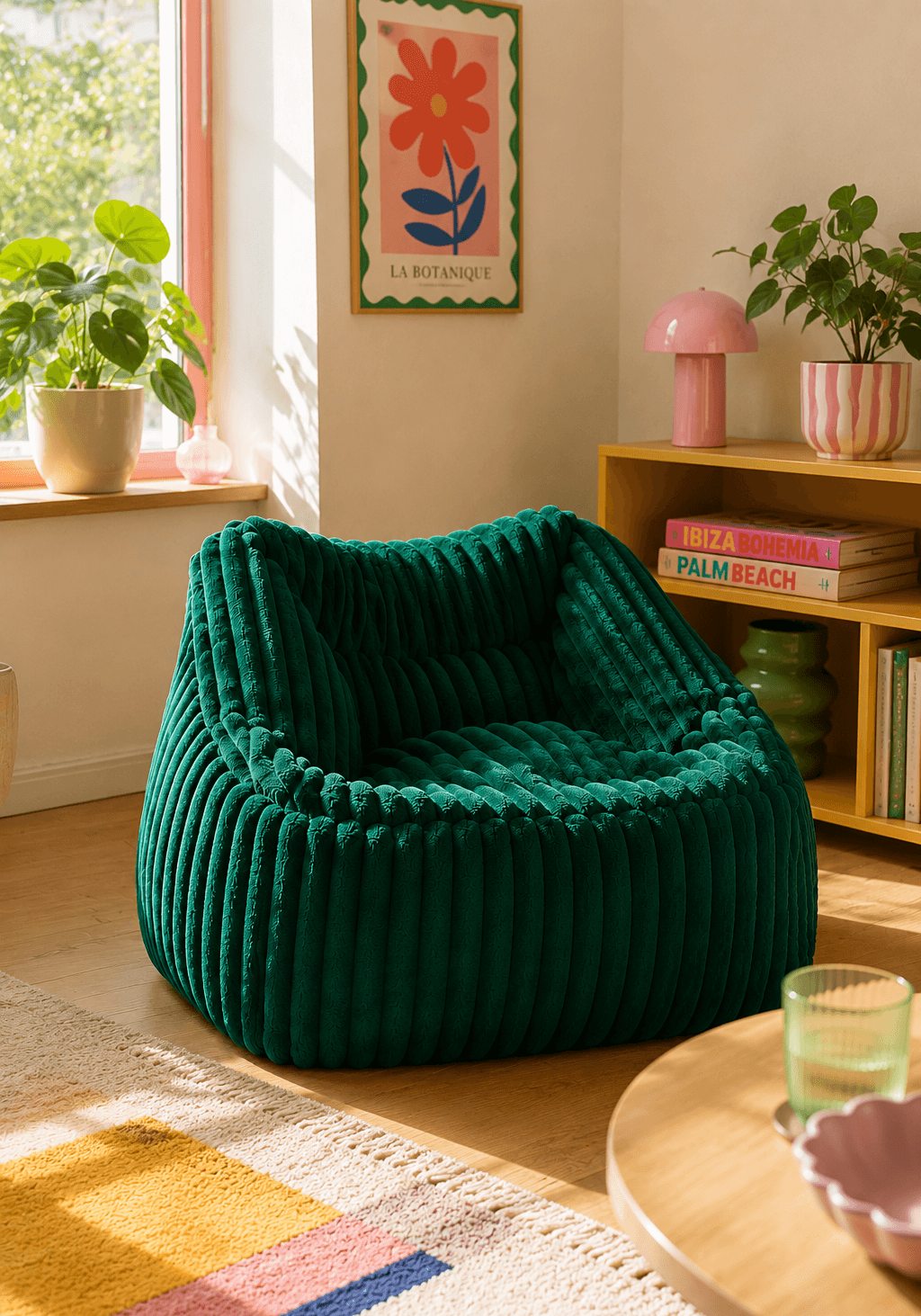 Pouf vert effet velours côtelé