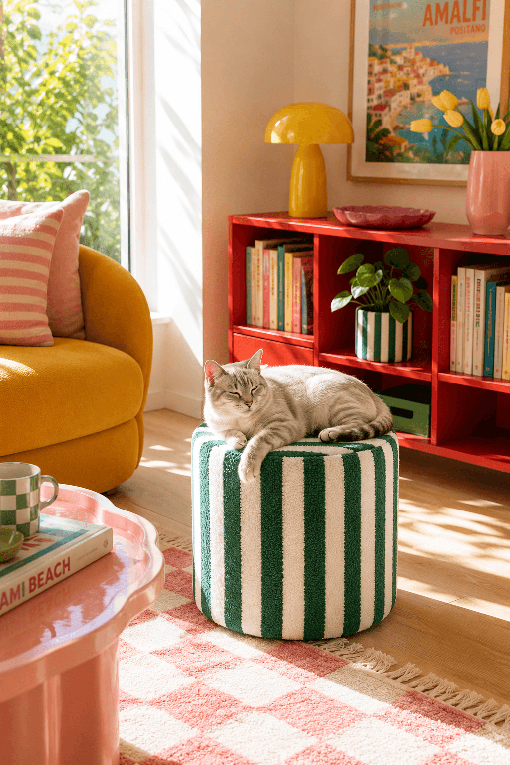 Pouf rayé vert et blanc Arlequin