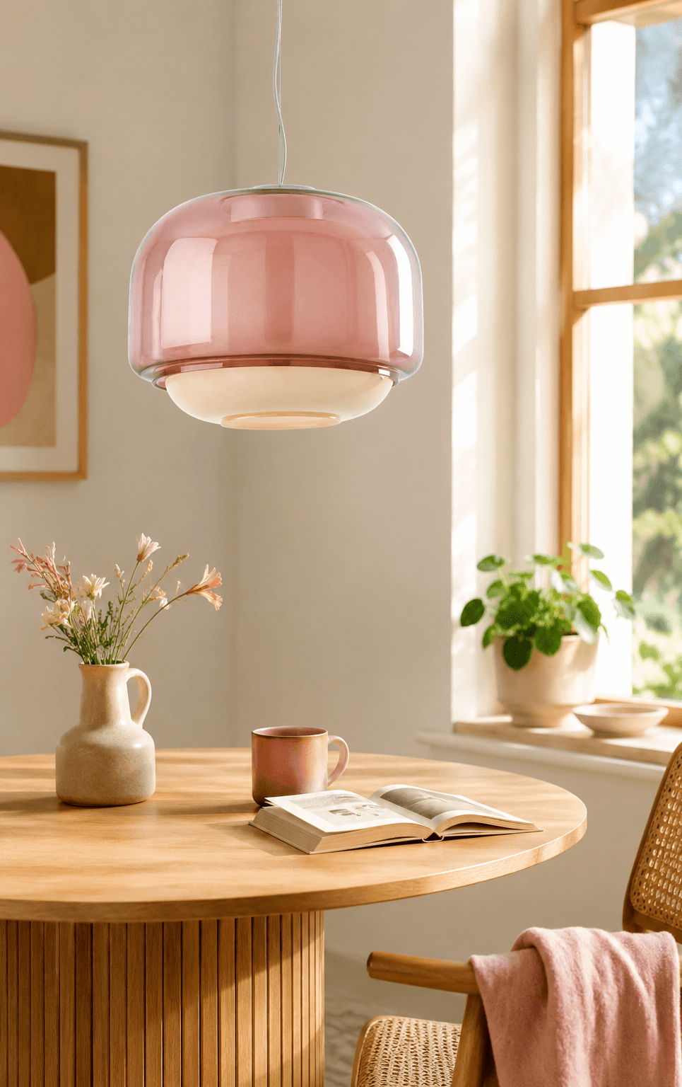 Suspension rose en verre pour coin repas