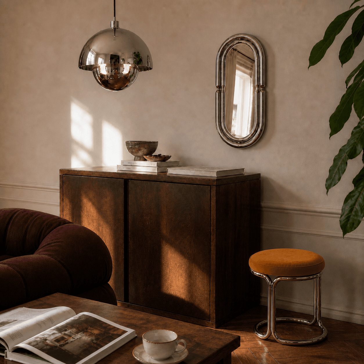 Salon chaleureux avec miroir mural, suspension et tabouret chromés, bois foncé et canapé bordeaux