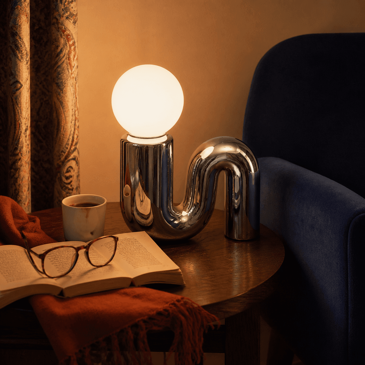 Lampe chromée sculpturale allumée près d'un fauteuil bleu, d'un livre et d'une tasse