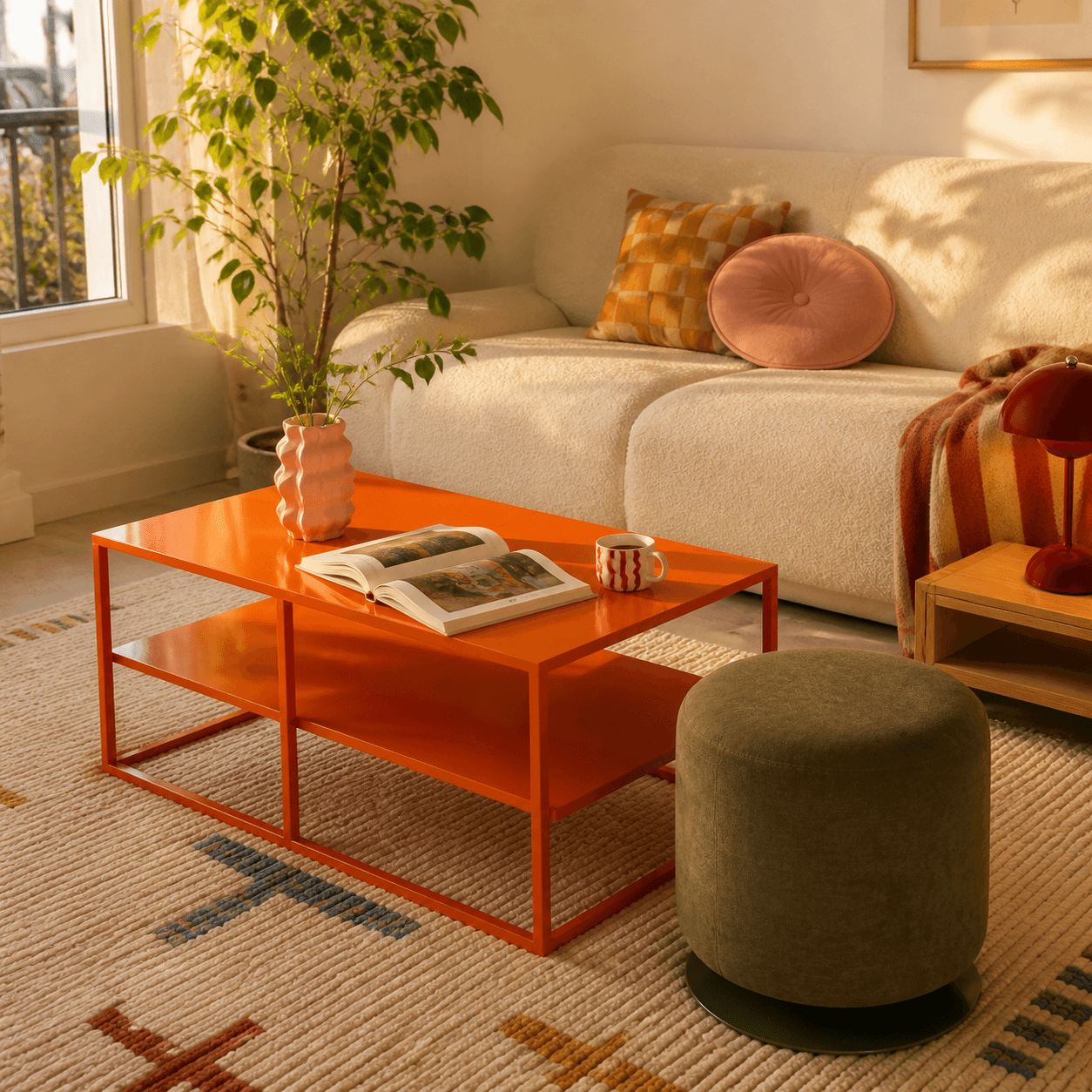 Salon chaleureux et coloré avec table basse orange, pouf vert olive et lampe bordeaux