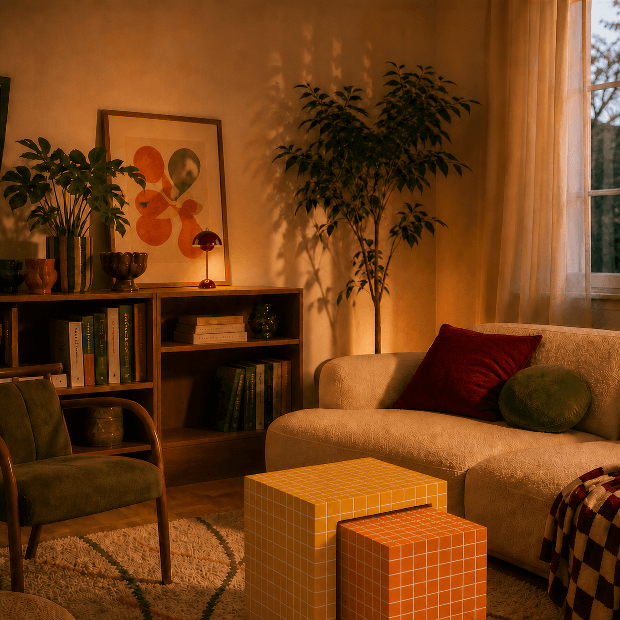 Salon chaleureux éclairé par une lampe bordeaux avec tables carrelées jaune et orange