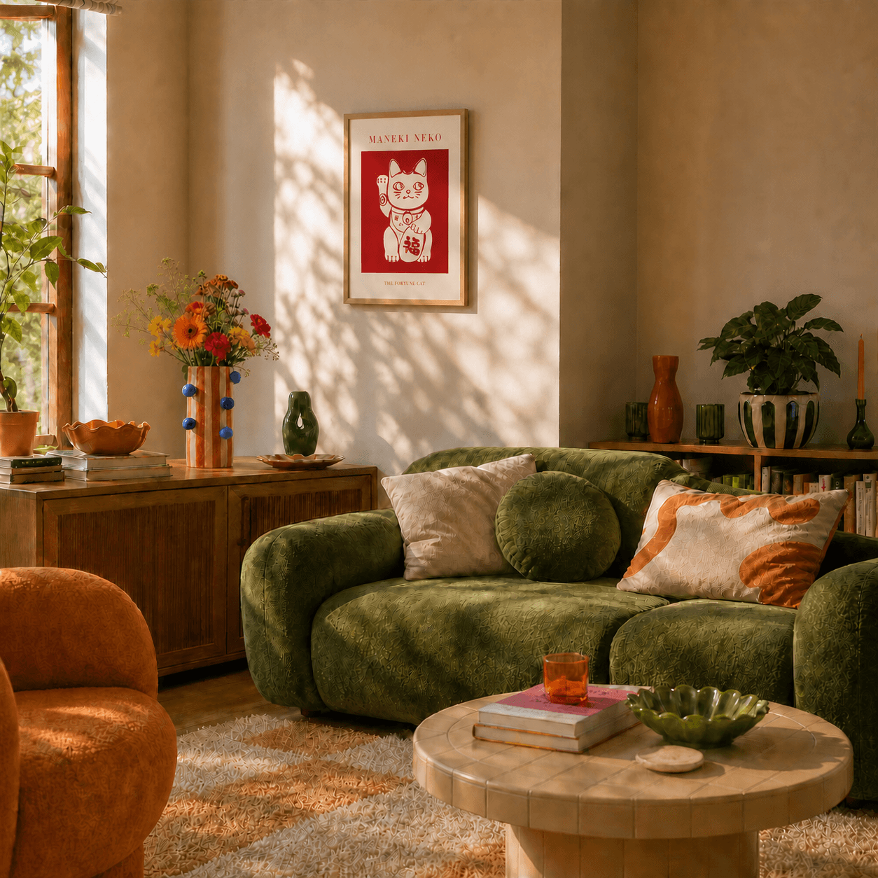 Salon chaleureux avec canapé vert, affiche rouge Maneki Neko et vase rayé orange et bleu