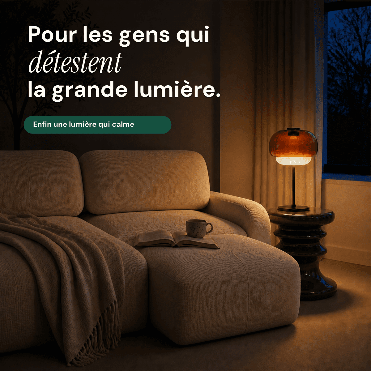 Salon éclairé par une lampe en verre ambré avec le texte Pour les gens qui détestent la grande lumière