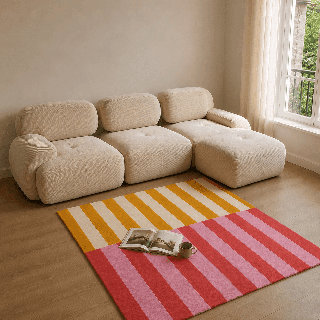 Grand tapis graphique rose et jaune placé sous les pieds avant d'un canapé beige
