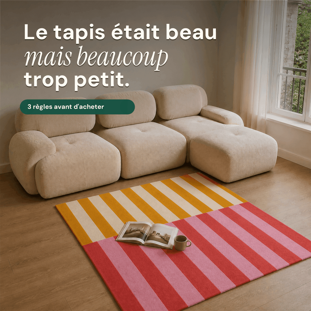 Canapé beige devant un tapis rayé trop petit avec le texte Le tapis était beau mais beaucoup trop petit