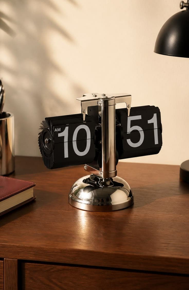 Horloge rétro Flip Flap chromée sur un bureau en bois