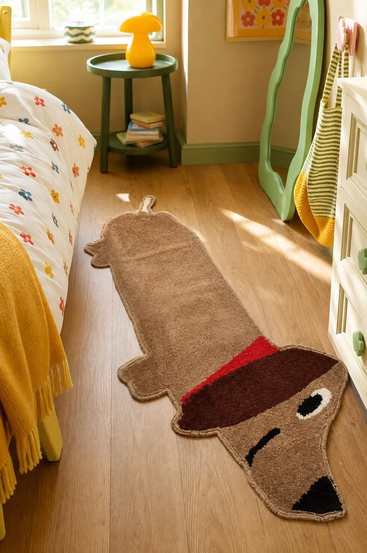 Tapis marron en forme de teckel dans une chambre colorée