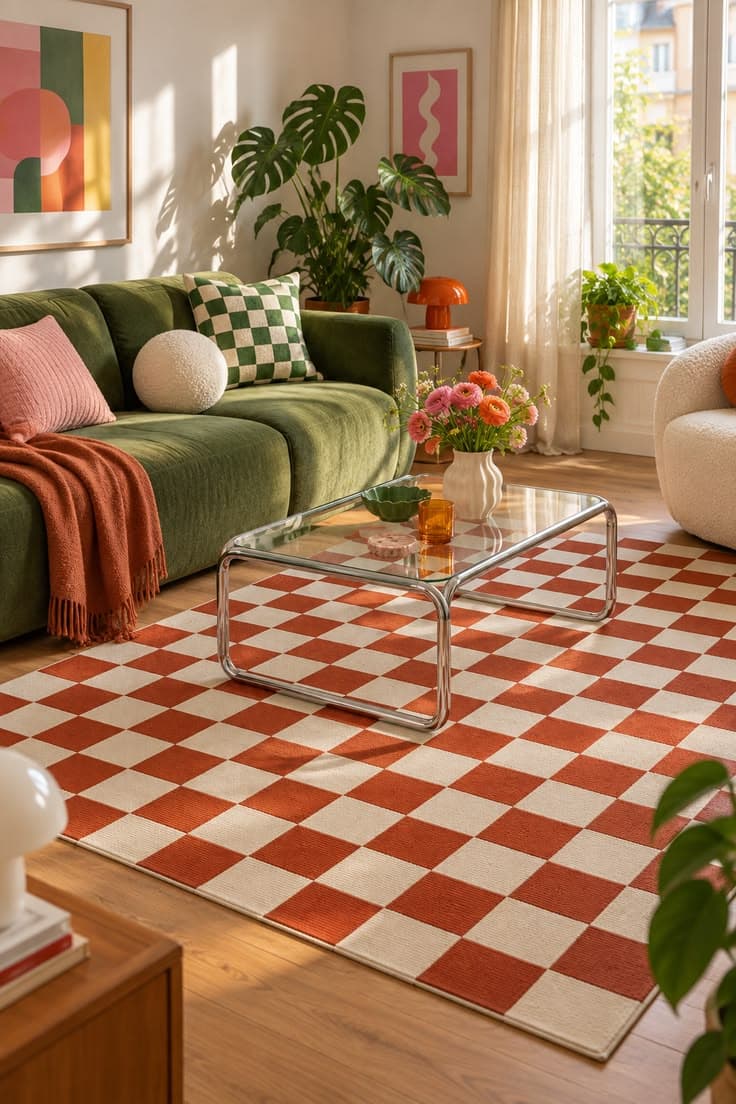 Tapis damier terracotta