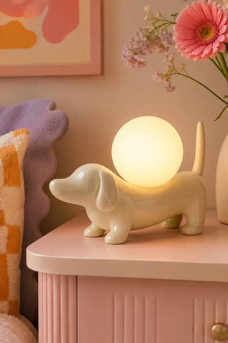 Lampe en forme de chien teckel crème avec globe lumineux en verre