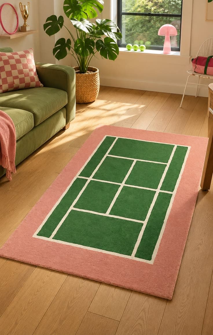 Tapis vert en forme de terrain de tennis avec lignes blanches et zones roses