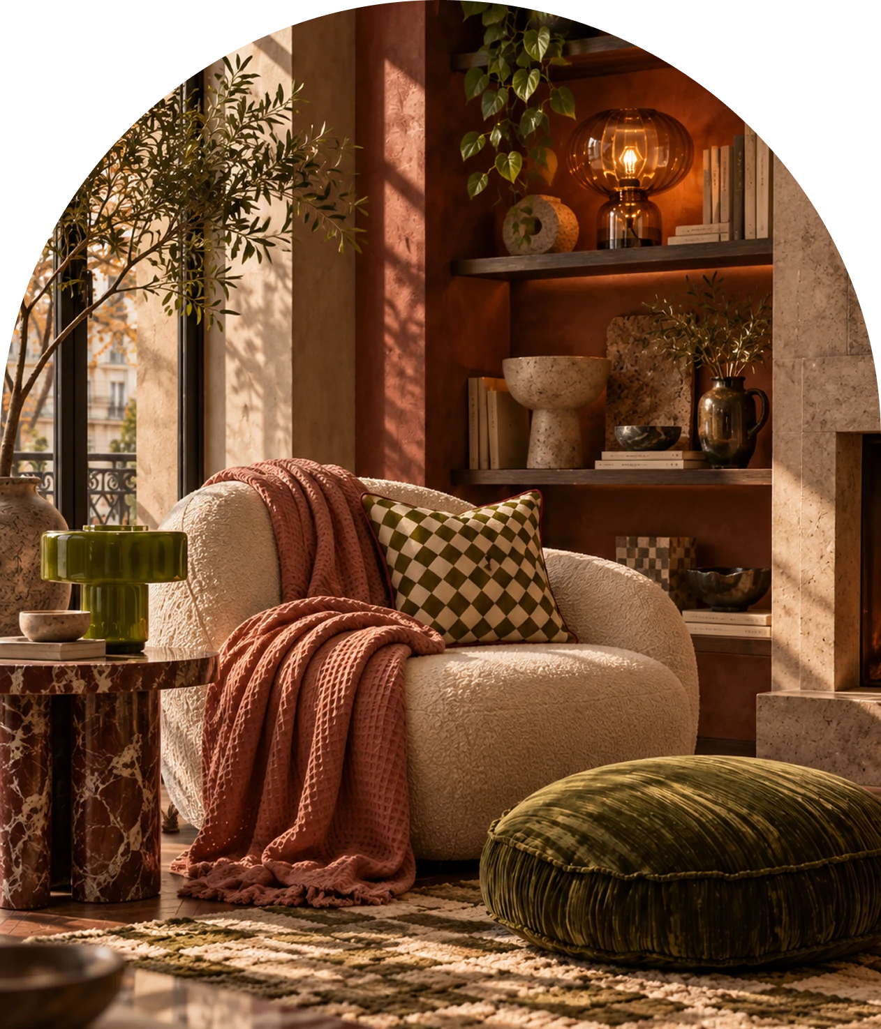 Coin lecture automnal aux matières tactiles, avec fauteuil crème, plaid rouille et coussin olive